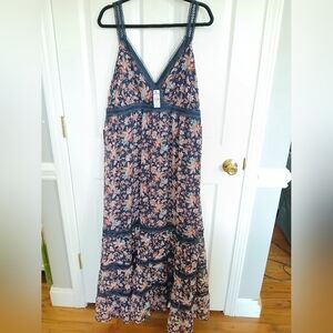 Express Lace Pieced Tiered Maxi Dress Navy Floral Boho Cottagecore Party Sexy
